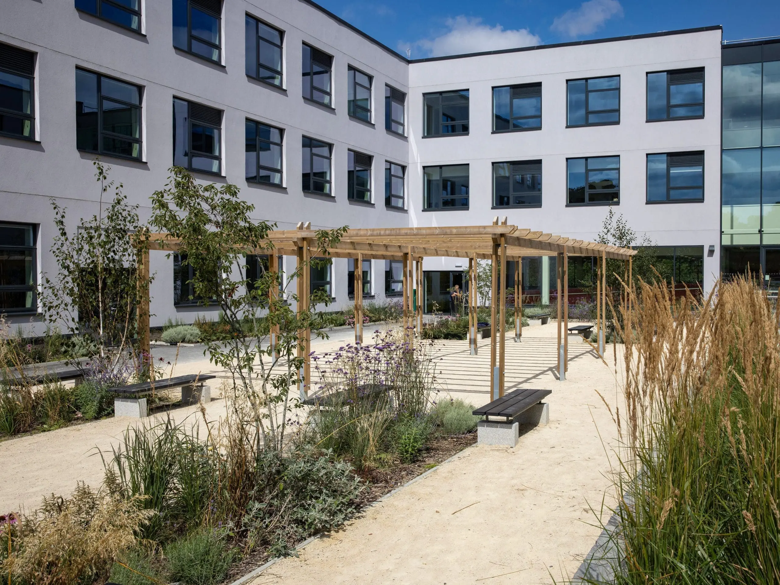 wooden pergola in the middle of the school courtyard
