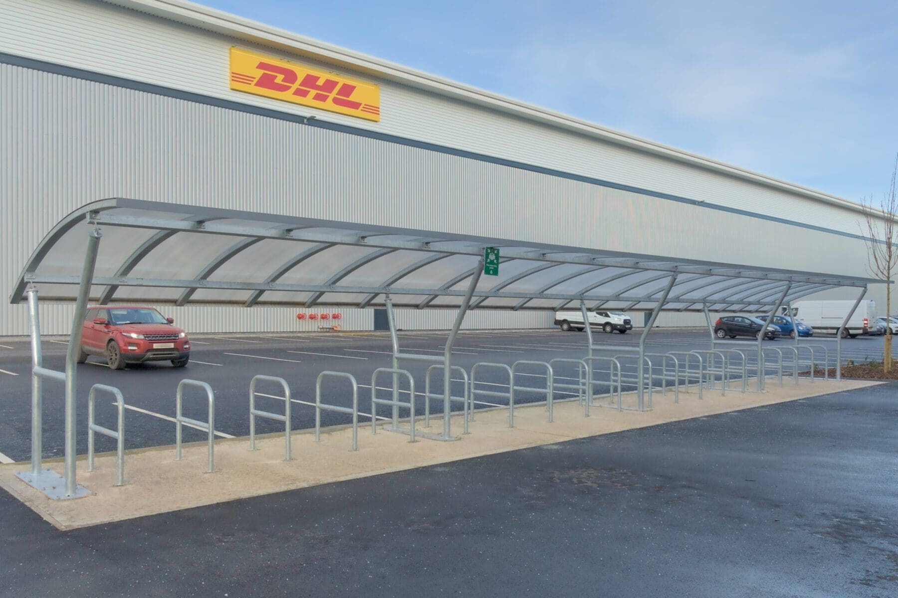 exterior shot of dhl warehous with bike storage