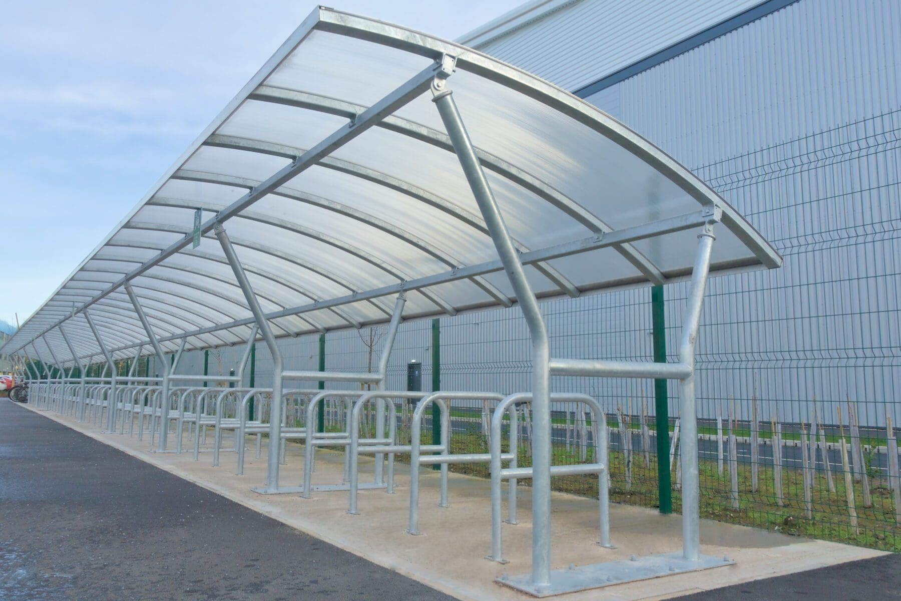 close up of bike shelter outside warehouse