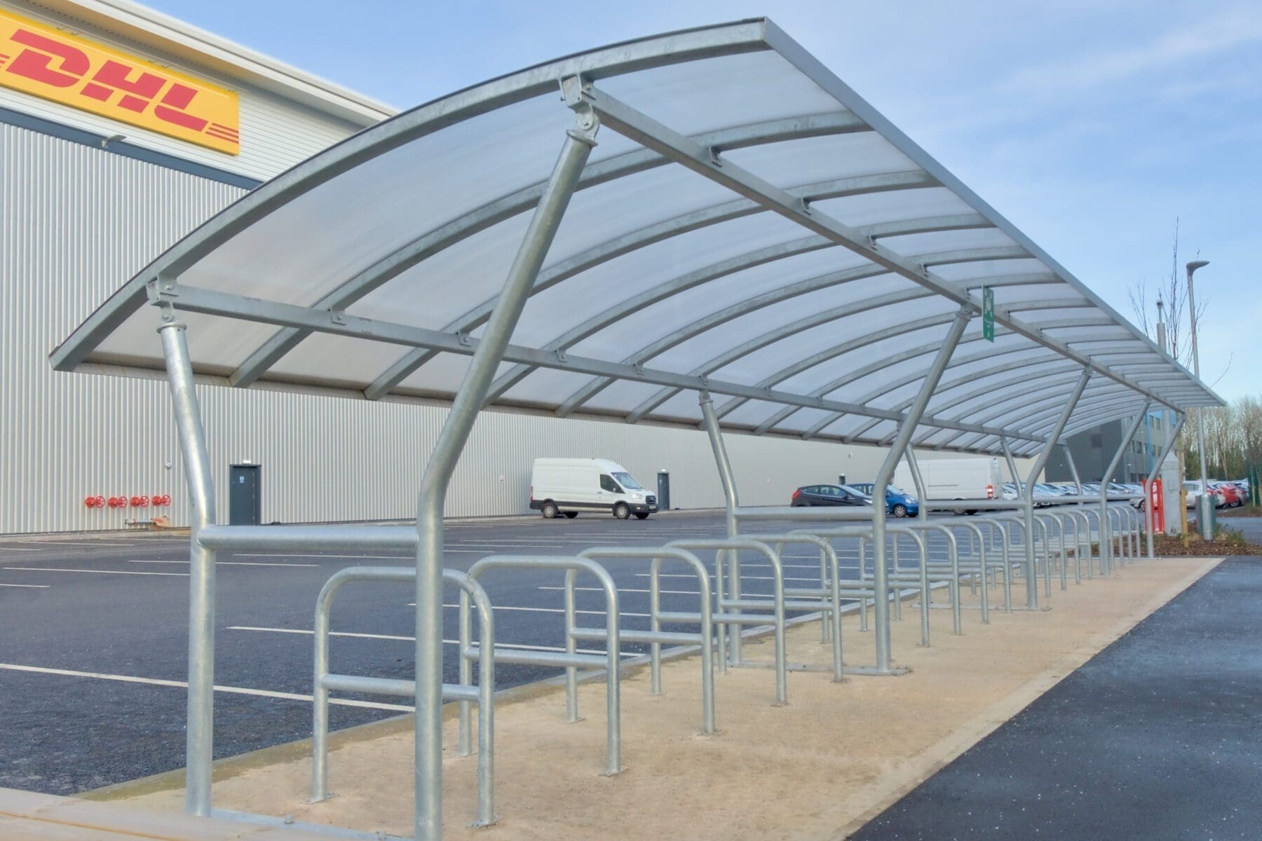close up of bike shelter outside warehouse