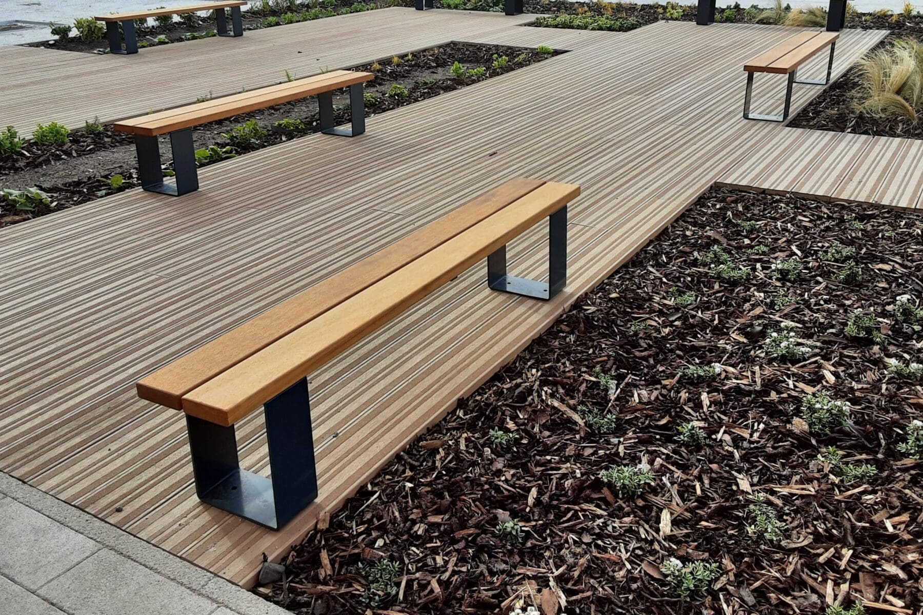 close up of outdoor benches