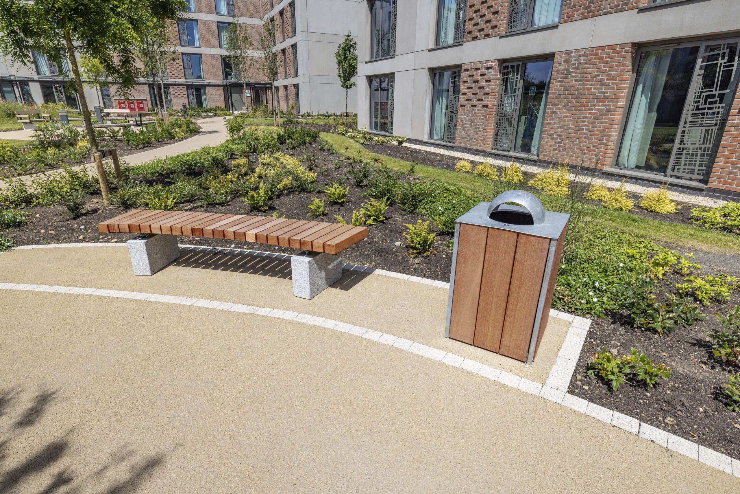 outdoor-wooden-bench-concrete-pillars-and-wooden-bin