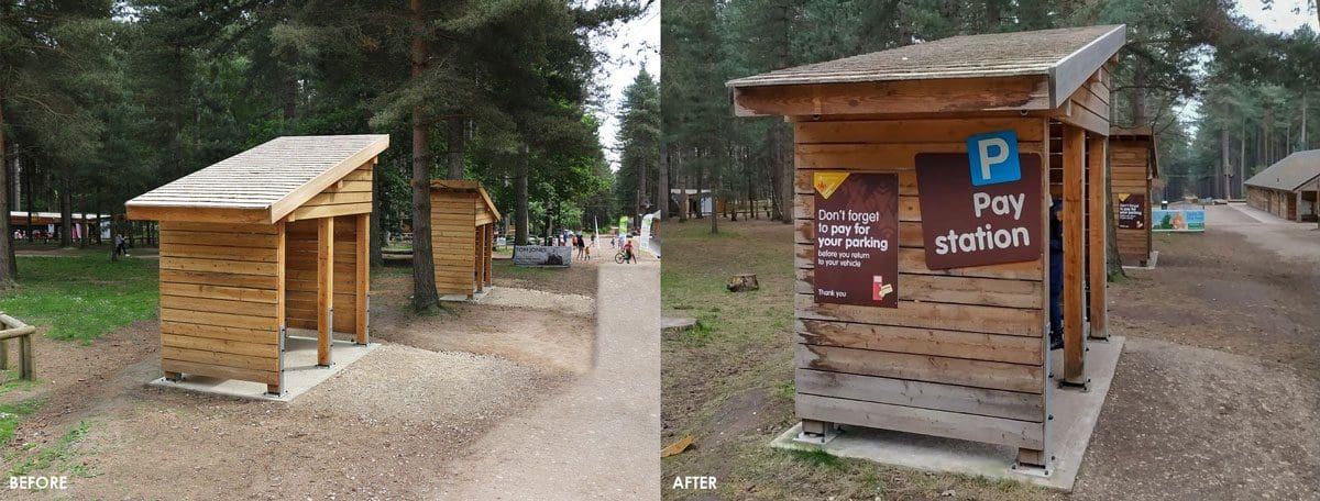 Before and after image of outdoor angled shelter. Before empty and after turned into a pay station with signage and pay machines inside