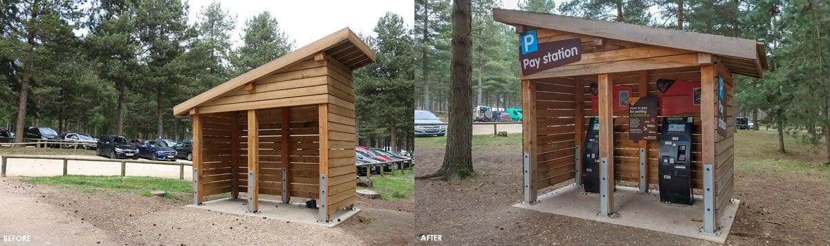 Before and after image of outdoor angled shelter. Before empty and after turned into a pay station with signage and pay machines inside