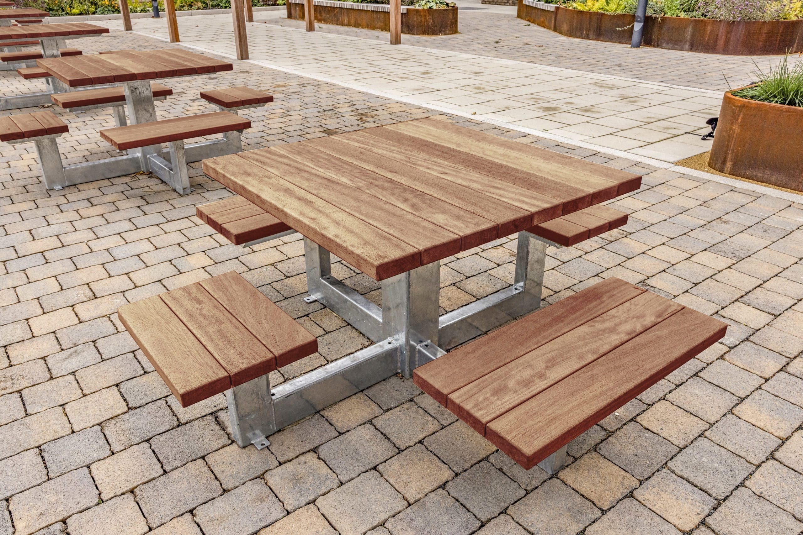 exterior-square-wooden-picnic-table-with-attached-square-seats