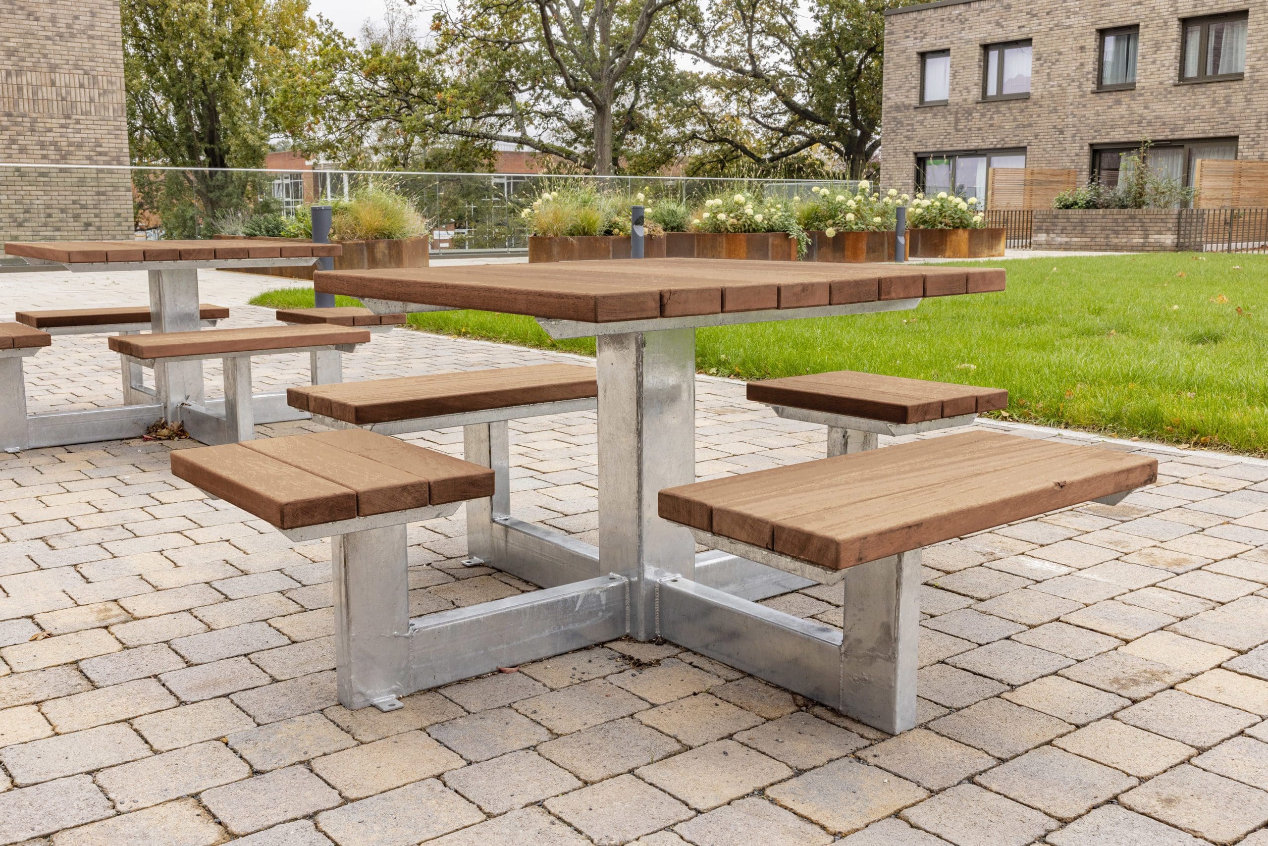 exterior-square-wooden-picnic-table-with-attached-square-seats