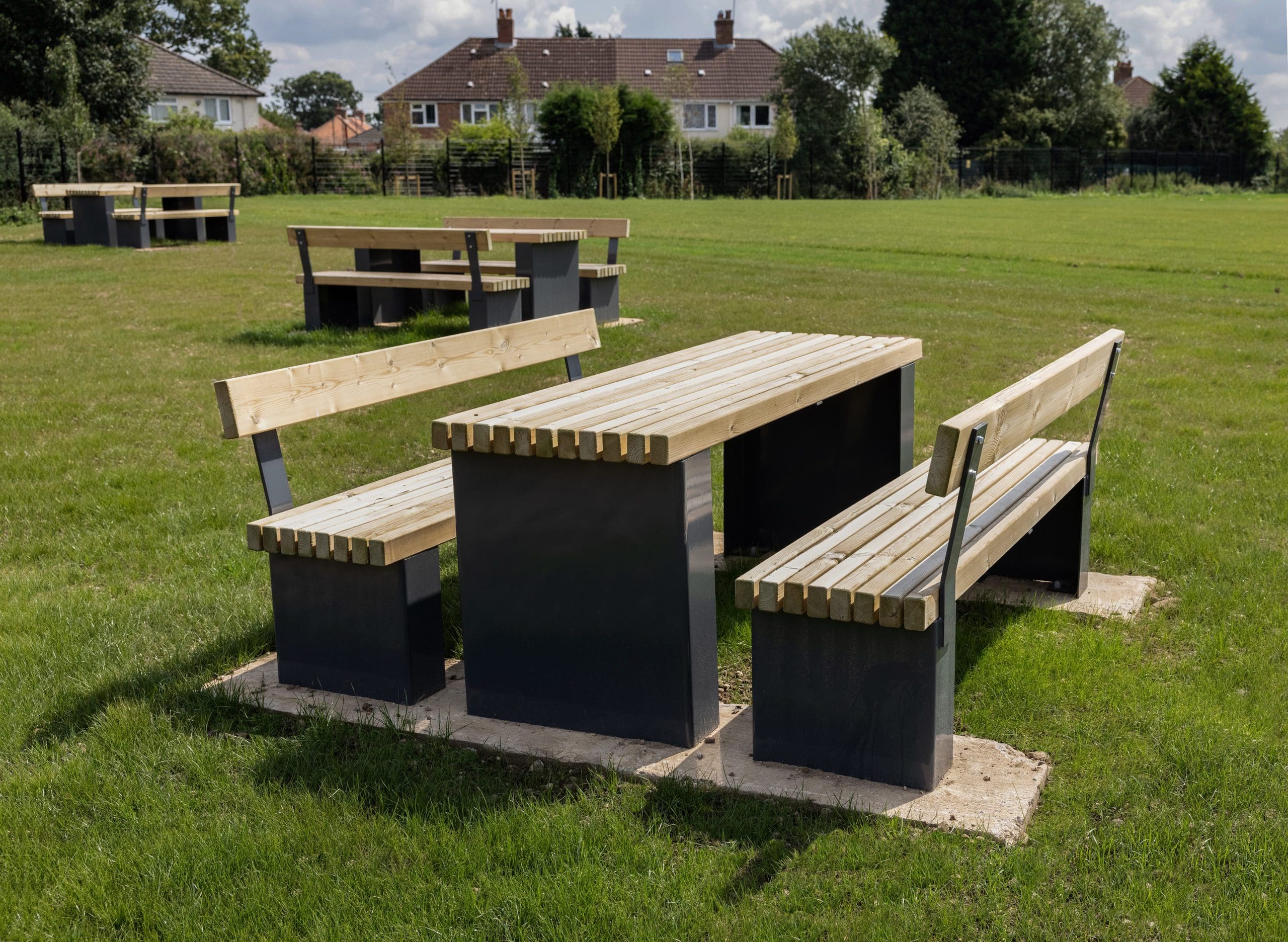 collection of exterior picnic tables and benches wooden with dark grey metal legs