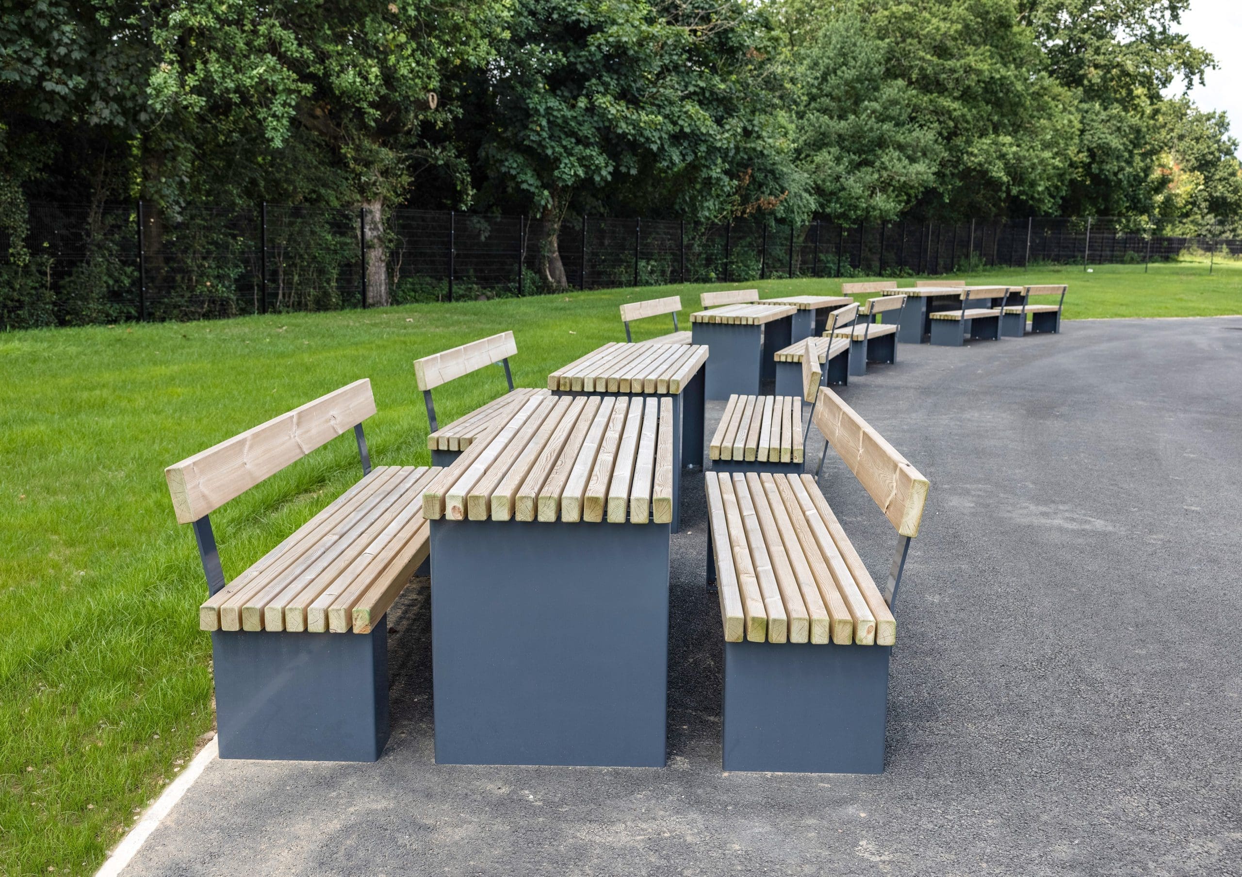 collection of exterior picnic tables and benches wooden with dark grey metal legs