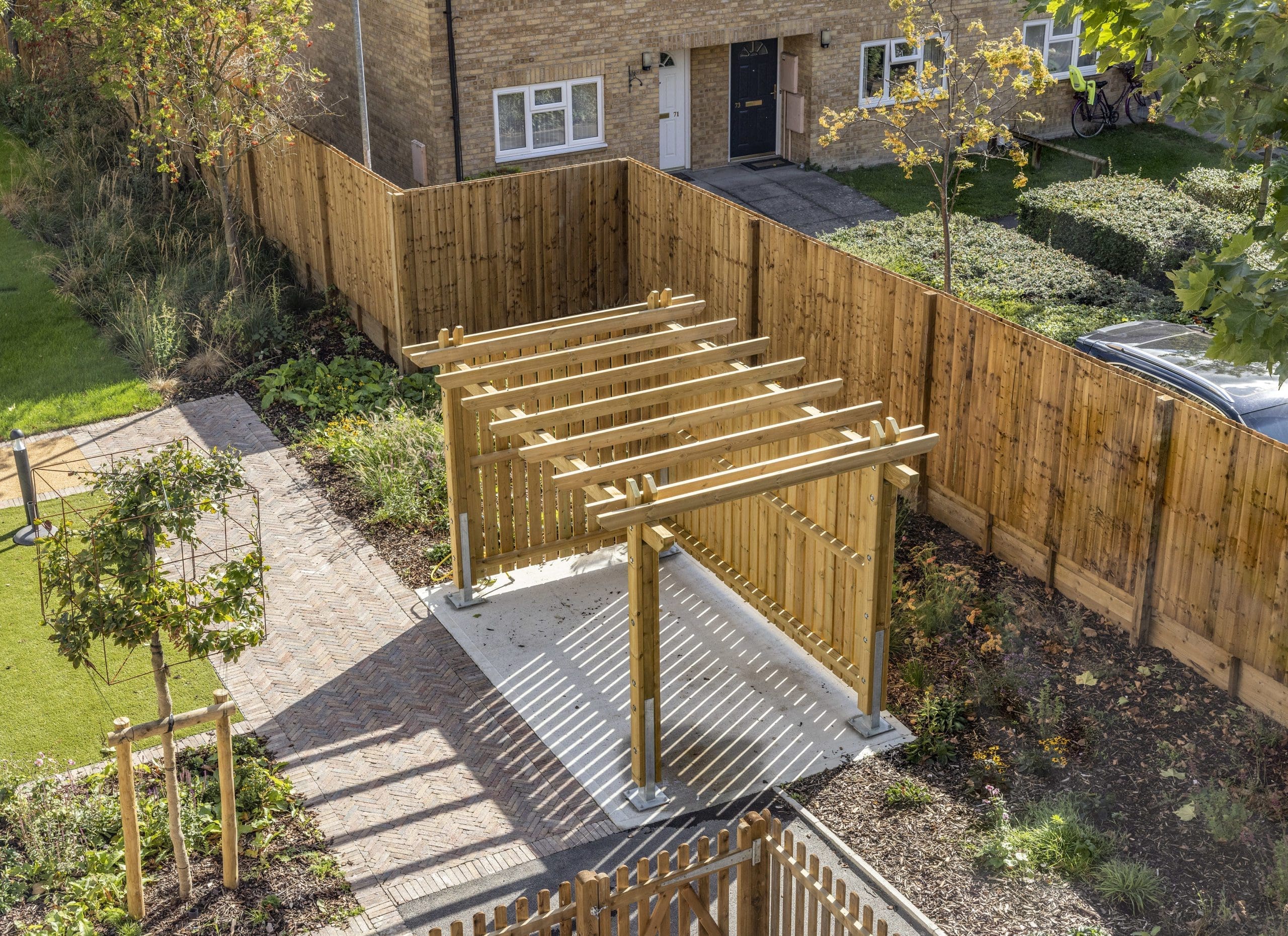 birdseye view shot of exterior wooden pergola