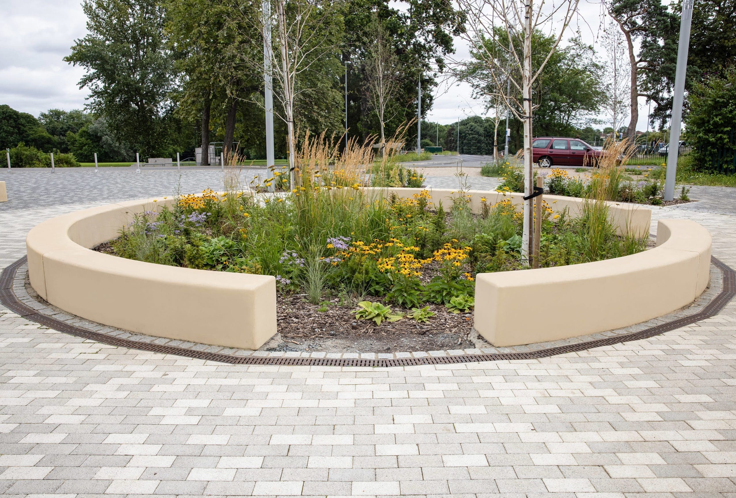 circle of concrete outdoor seating around plants and trees