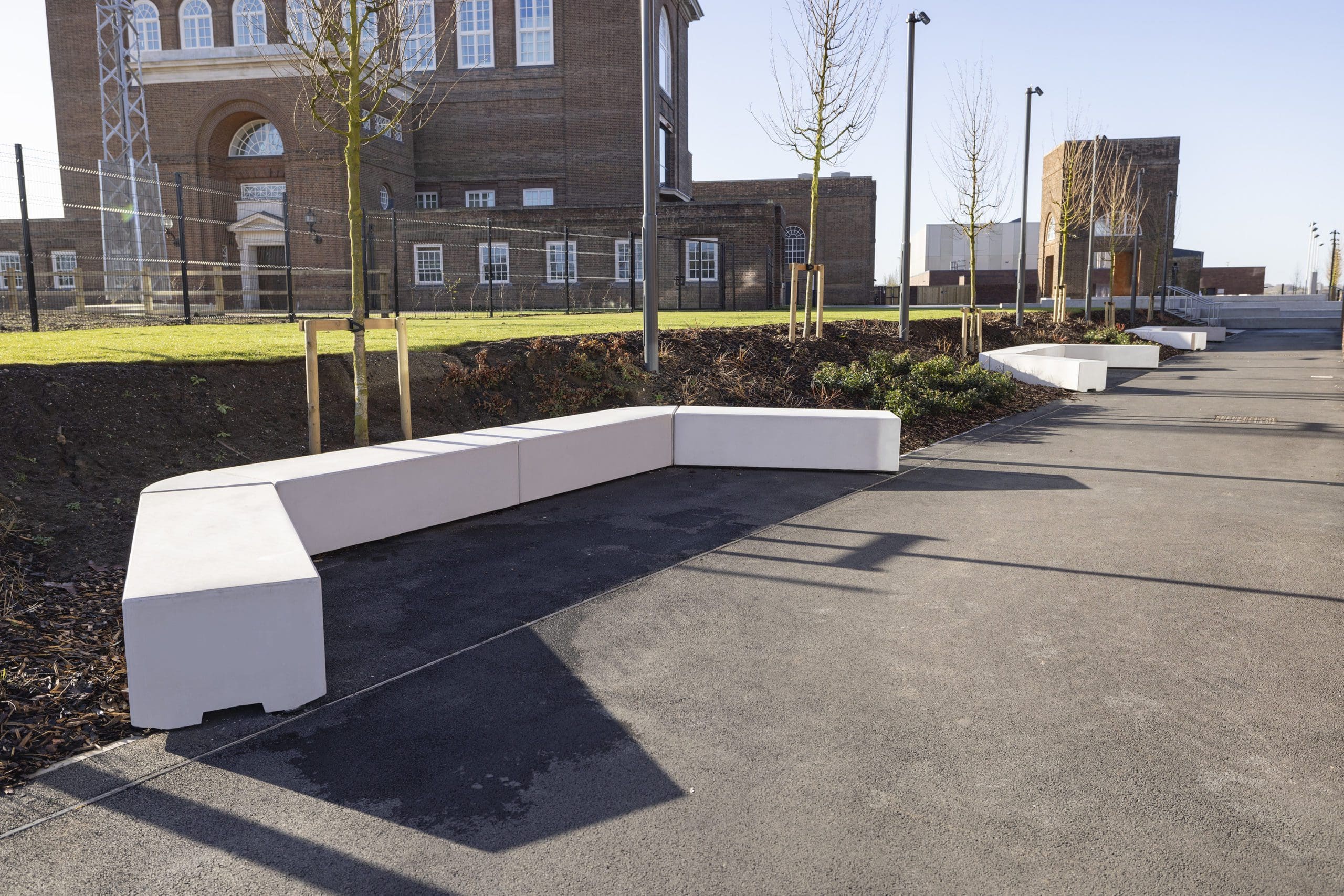 angled curved long concrete seating area