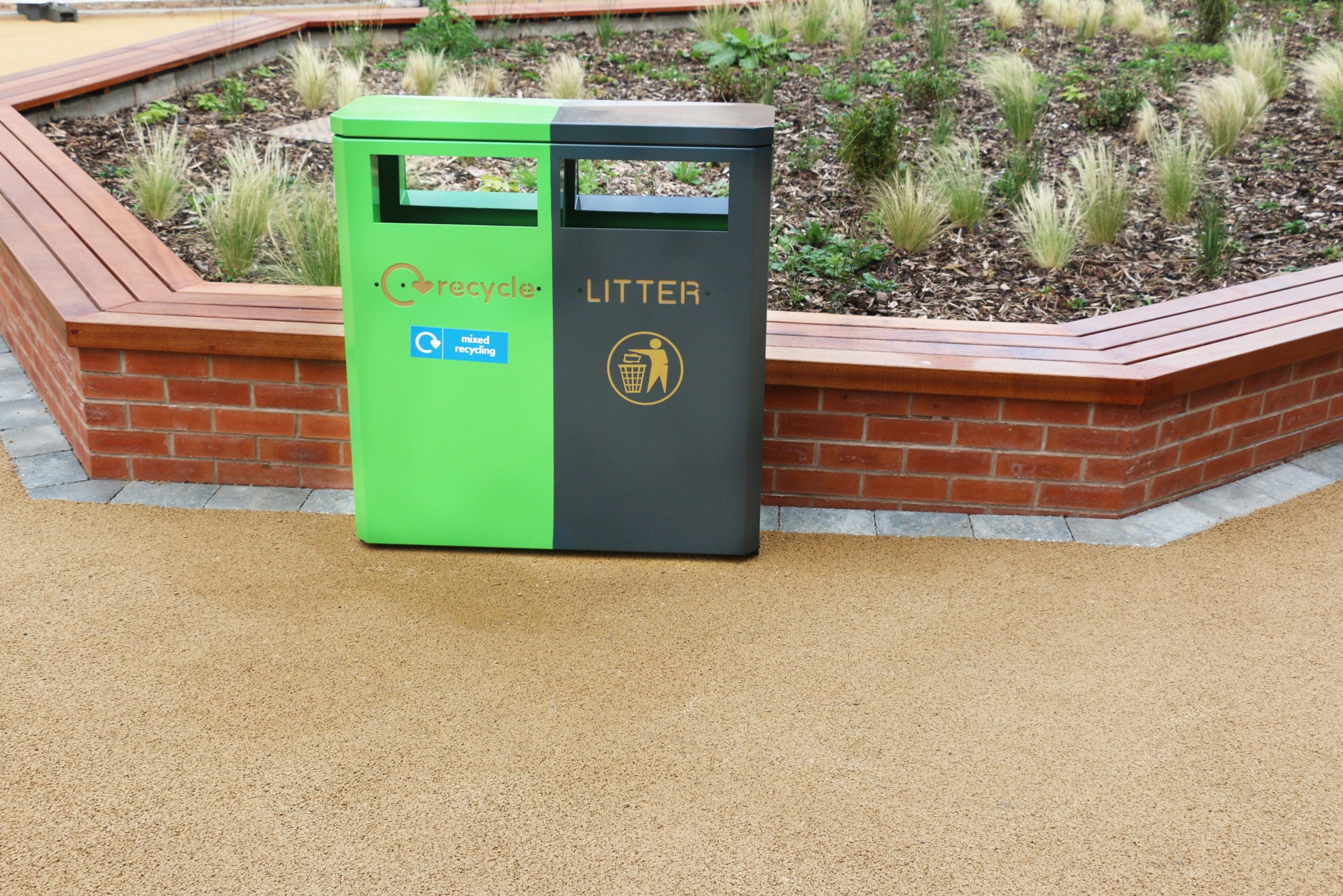External black metal bin with separate green recycle side