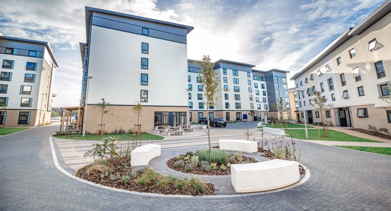 University exterior showing exterior wooden and concrete tables and benches infront of tall buildings and curved concrete benches around tree