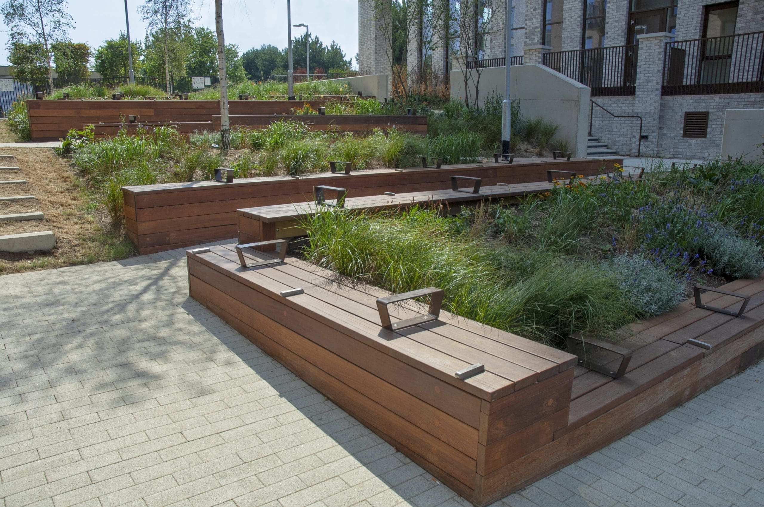 Angled zig zag wooden timber decking creating long bench seating areas and forming up hill pathway