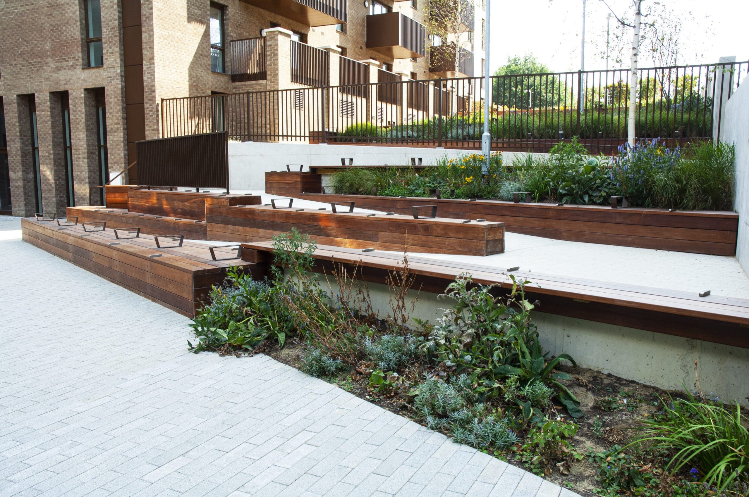 Angled zig zag wooden timber decking creating long bench seating areas and forming up hill pathway