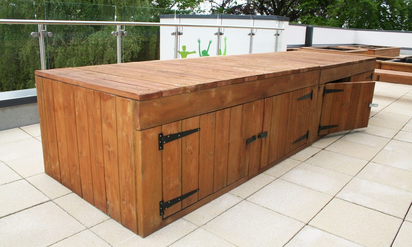 Outdoor wooden potting table with storage cabinets