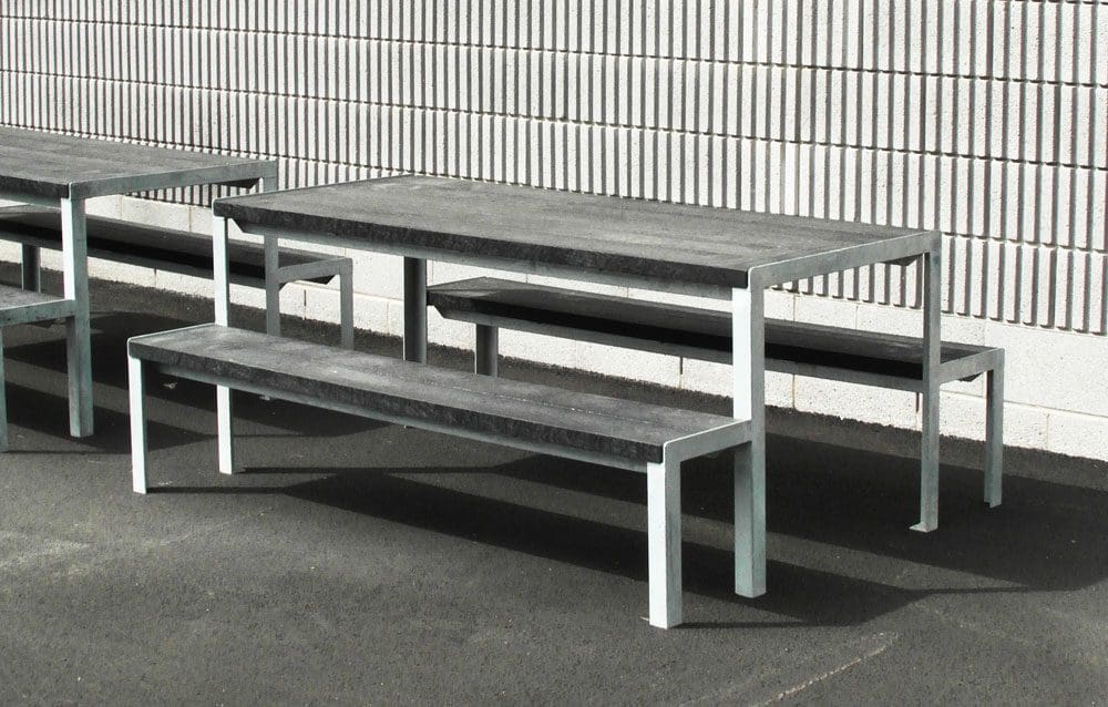 Black wood and silver metal outdoor table and connected benches