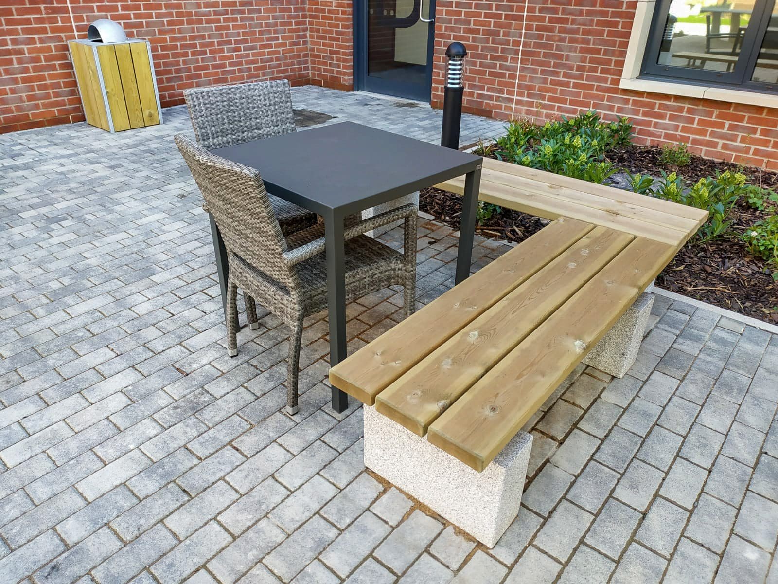 L shaped wooden outdoor benches around garden furniture