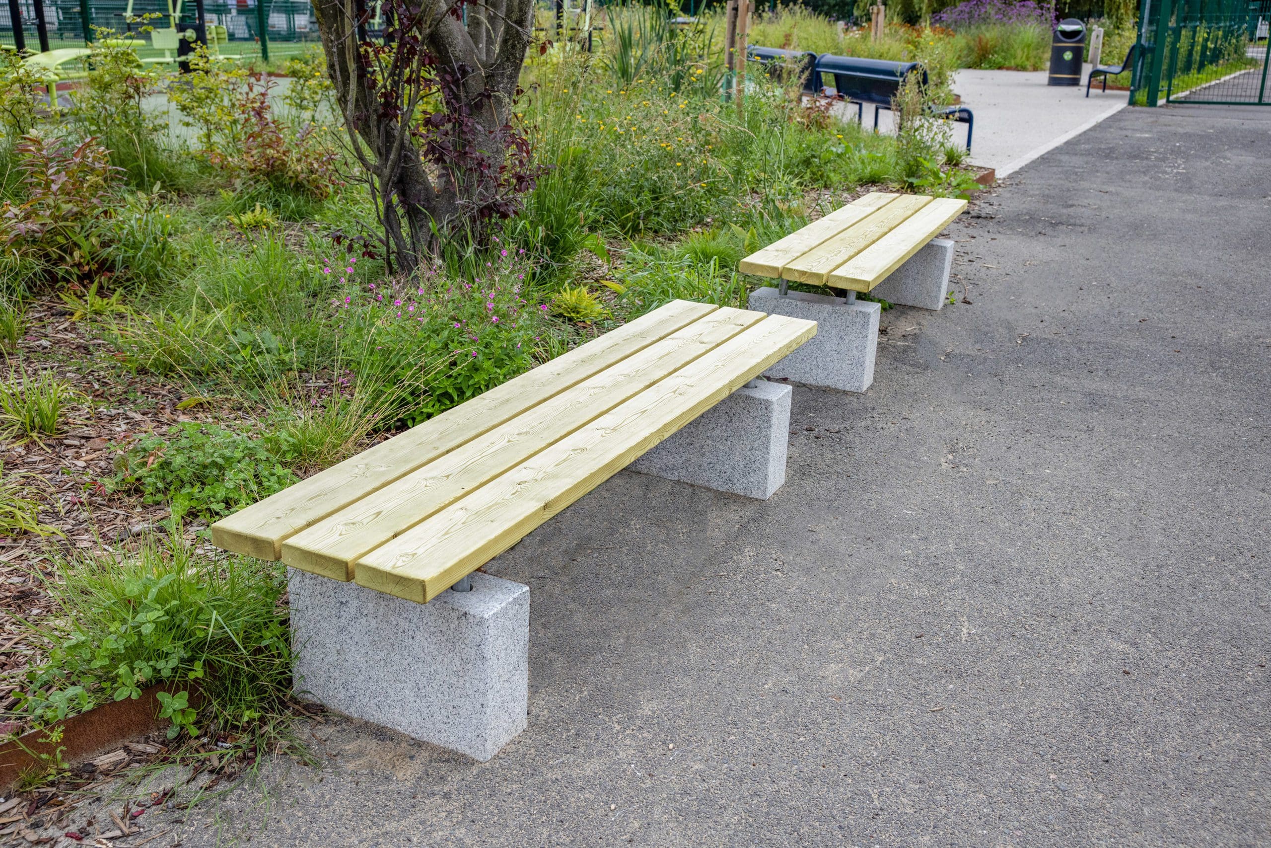 outdoor wooden bench with concrete feet