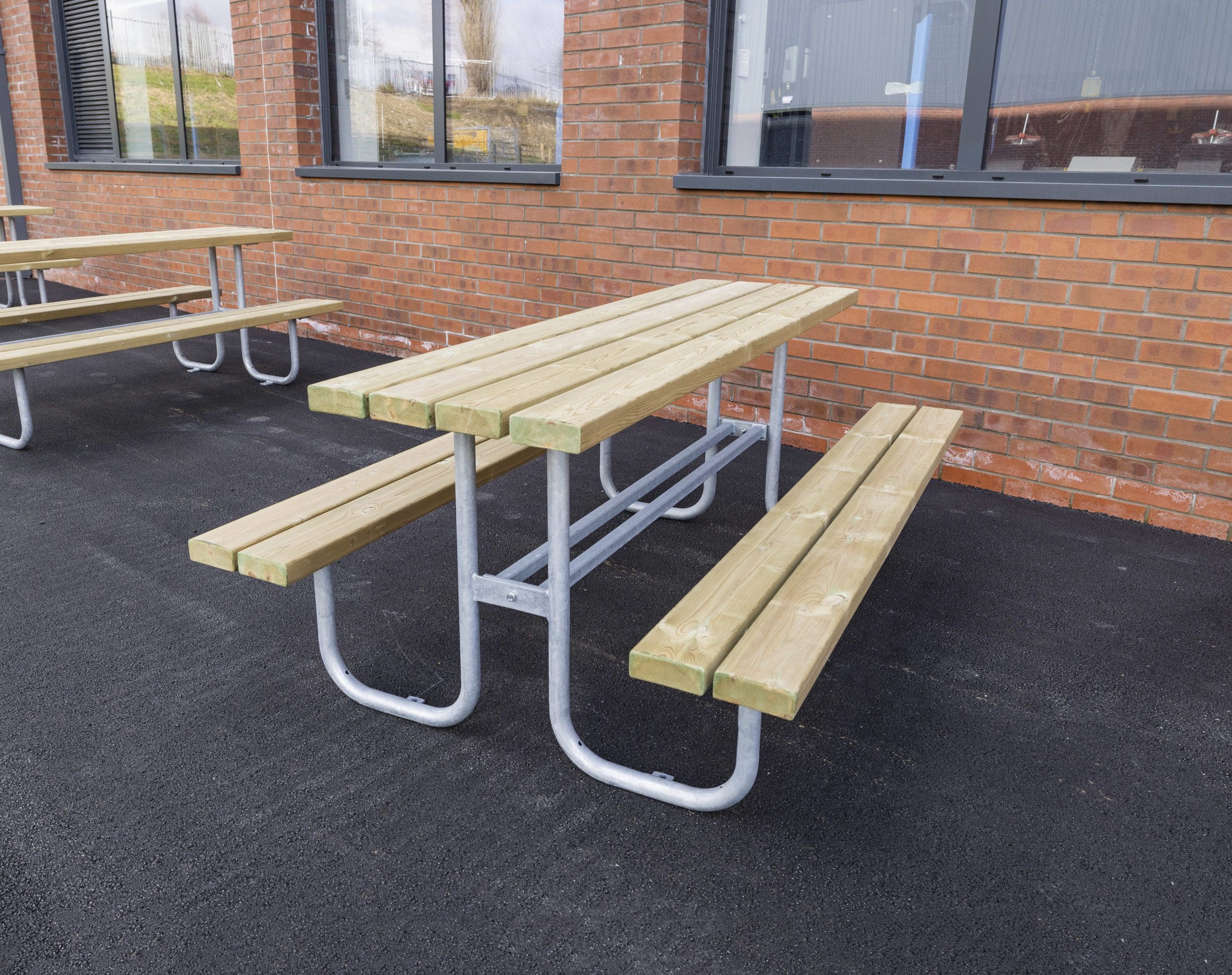 exterior-wooden-picnic-tables-with-attached-benches-metal-legs