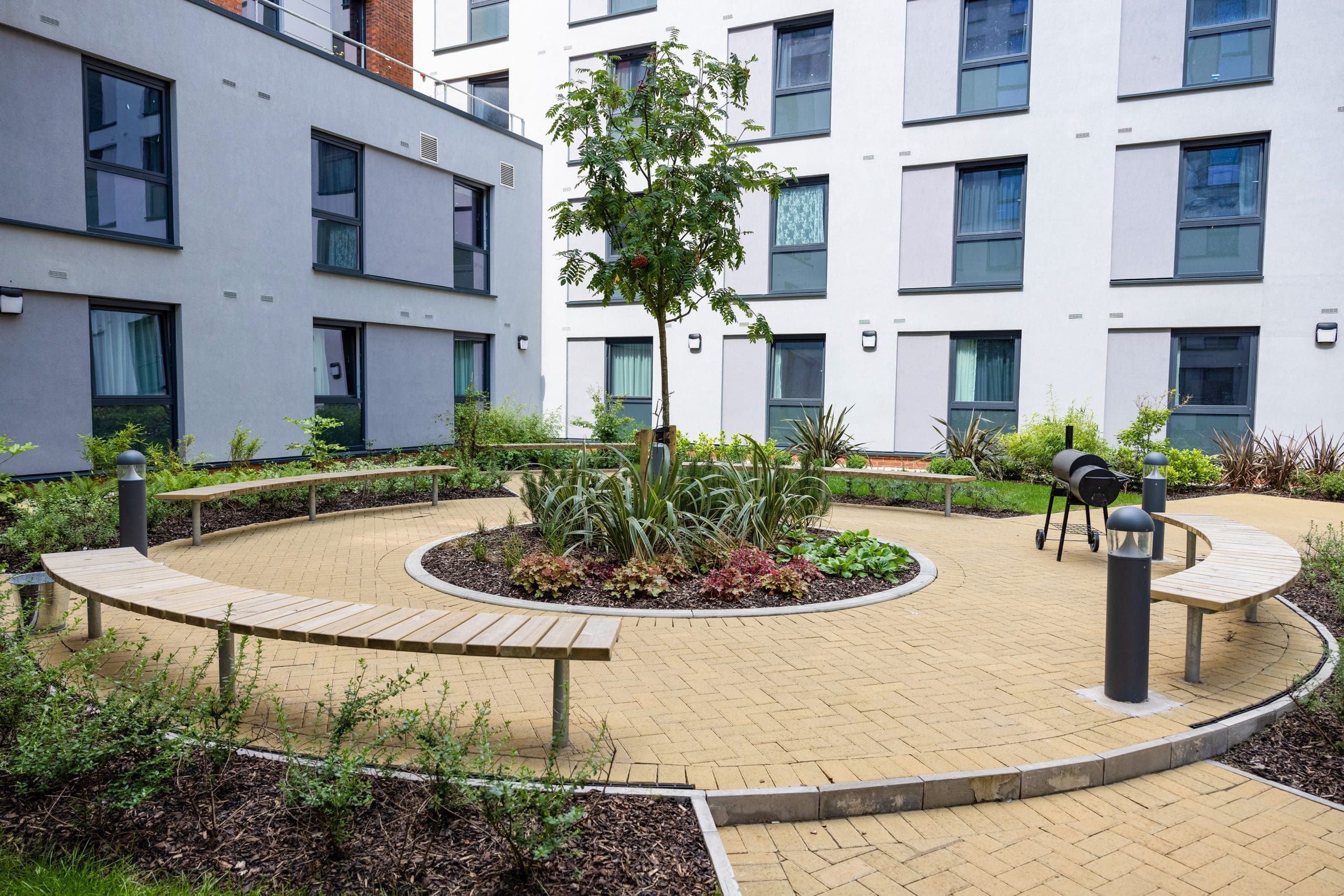 University courtyard with small tree in the centre surround by 4 separate semi circle curved wooden benches with metal legs