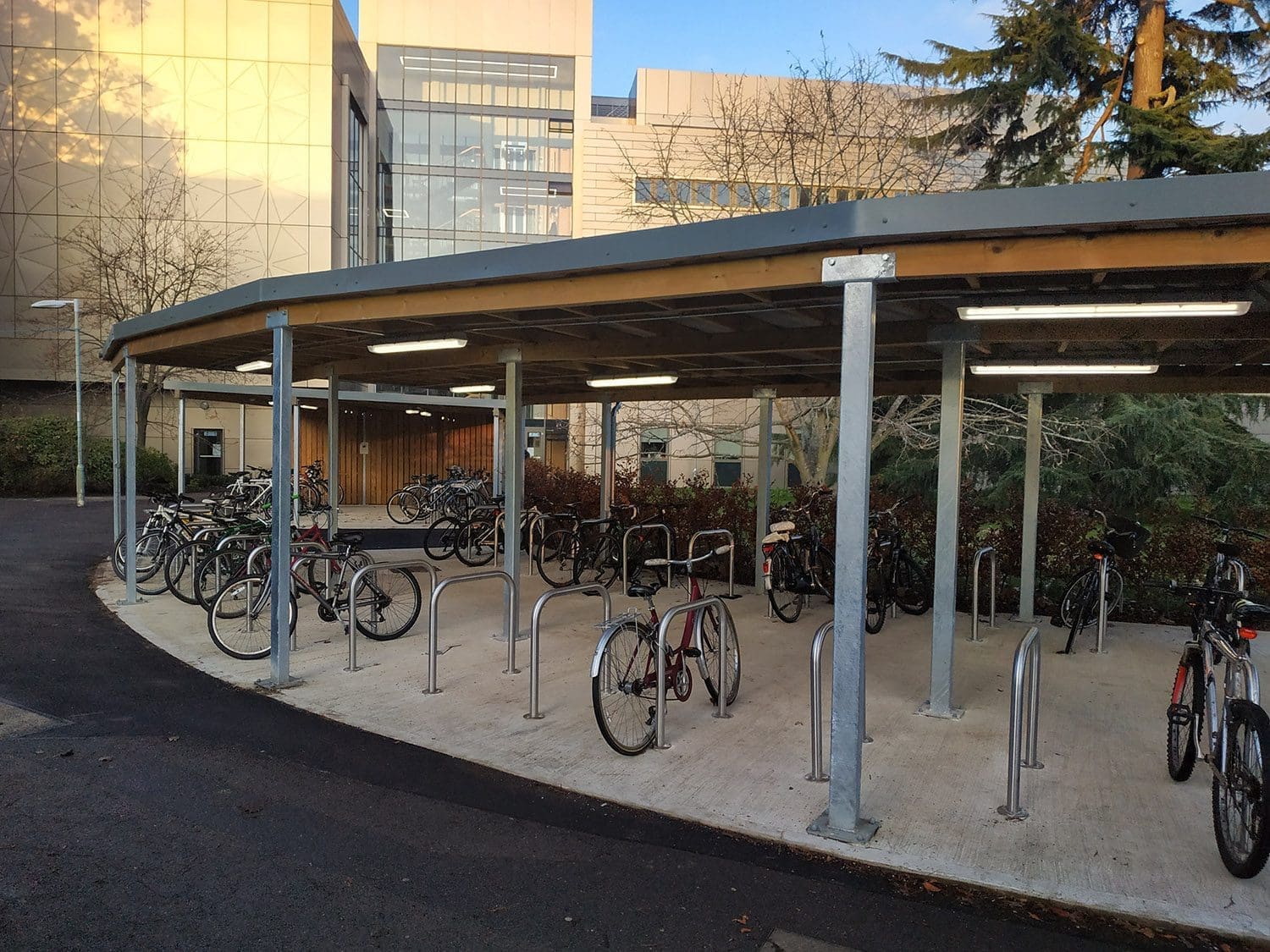 Rows of metal bike secure hoops under curved wooden and metal canopy