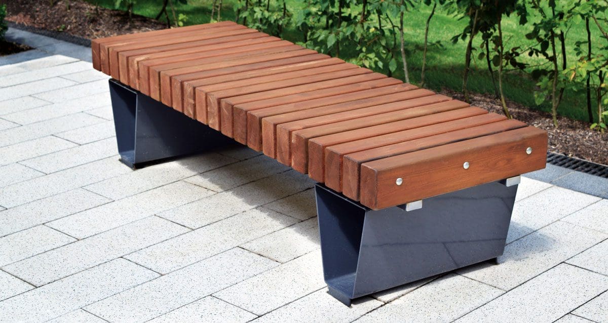 Wooden slatted dark brown bench with black metal triangular legs