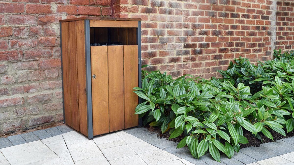 Dark brown wooden and metal outdoor bin
