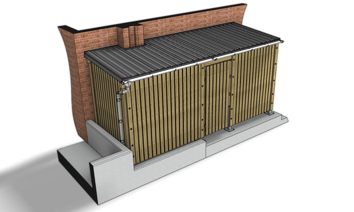 Design drawing of a wooden walk-in storage building.