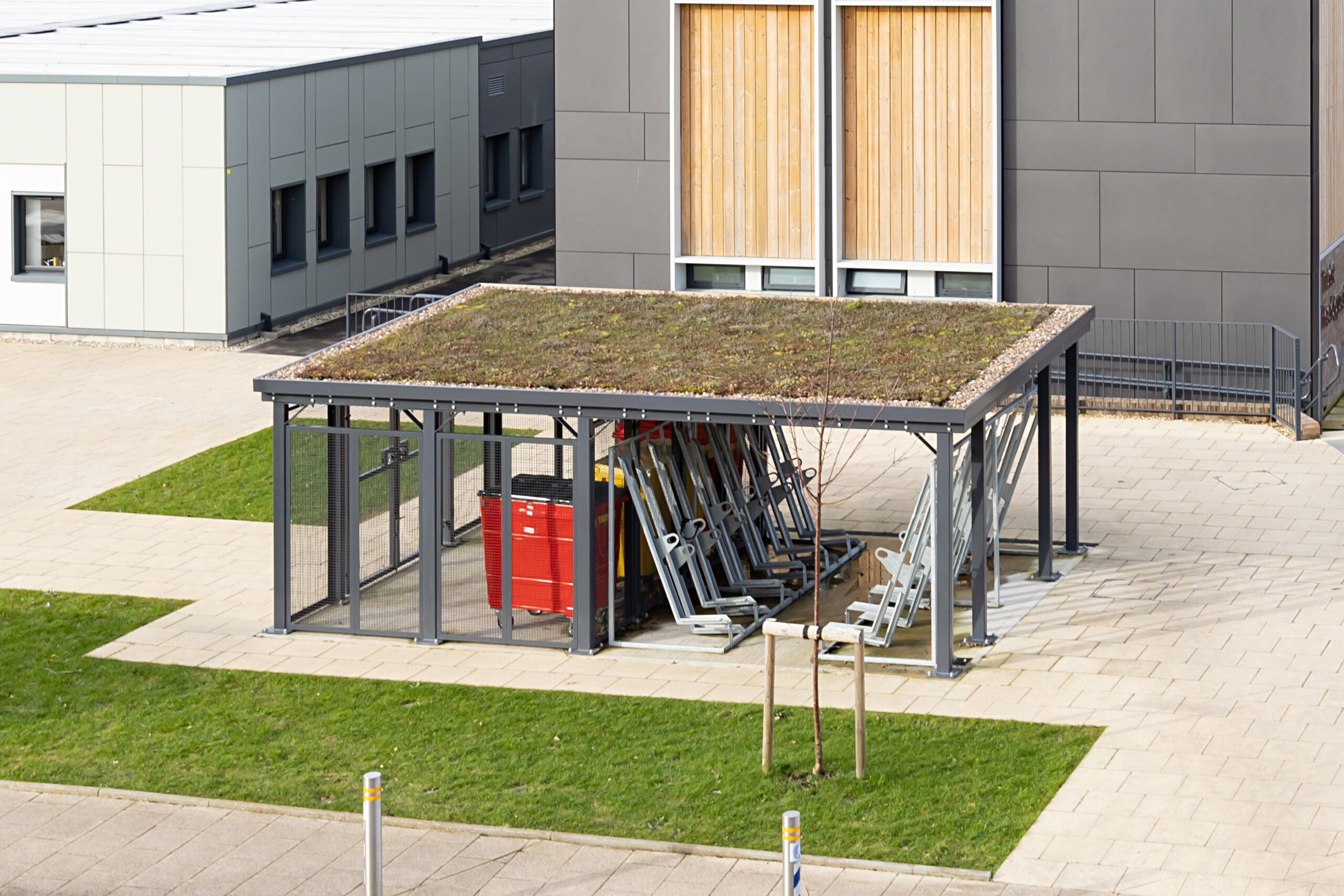 sedum roof cycle shelter and bin storage