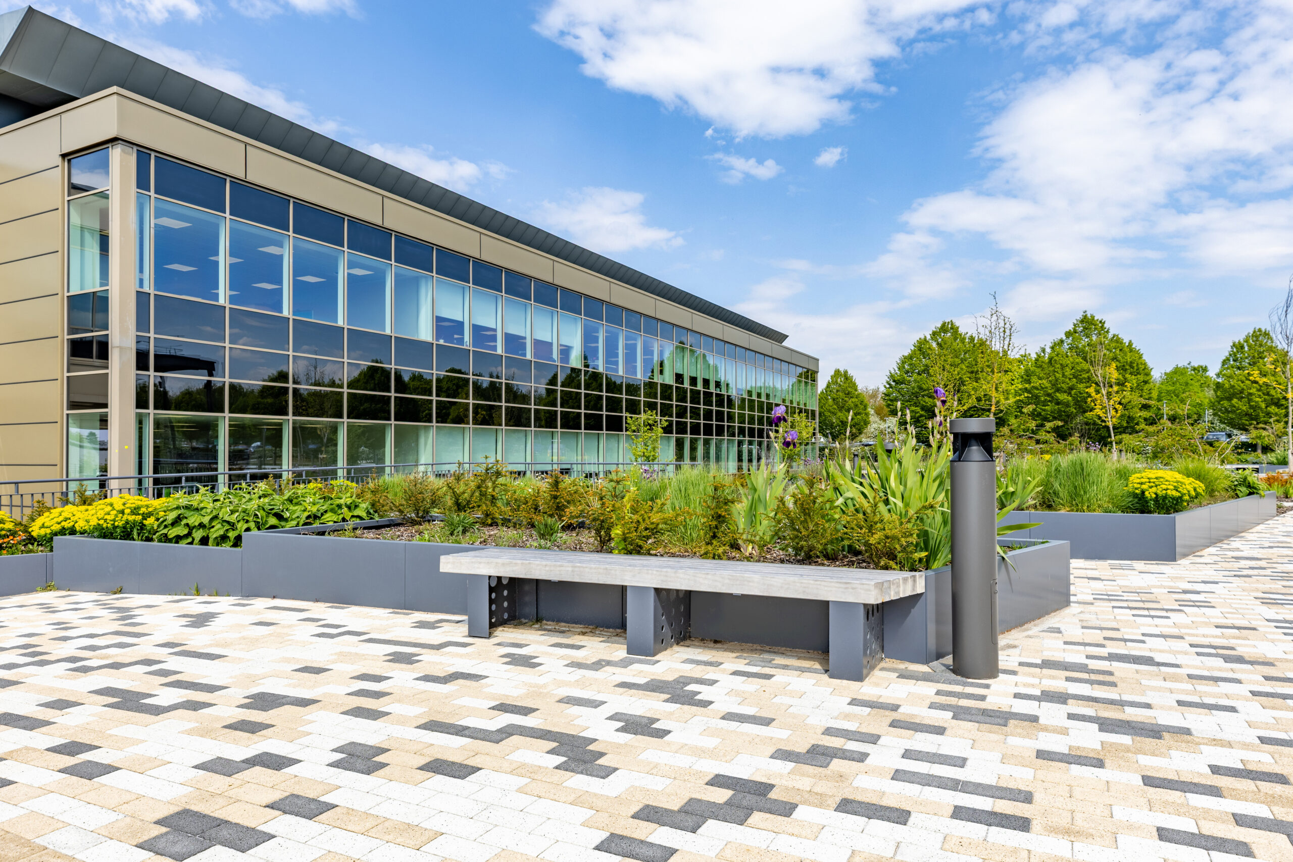 steel planters and integrated accoya seating