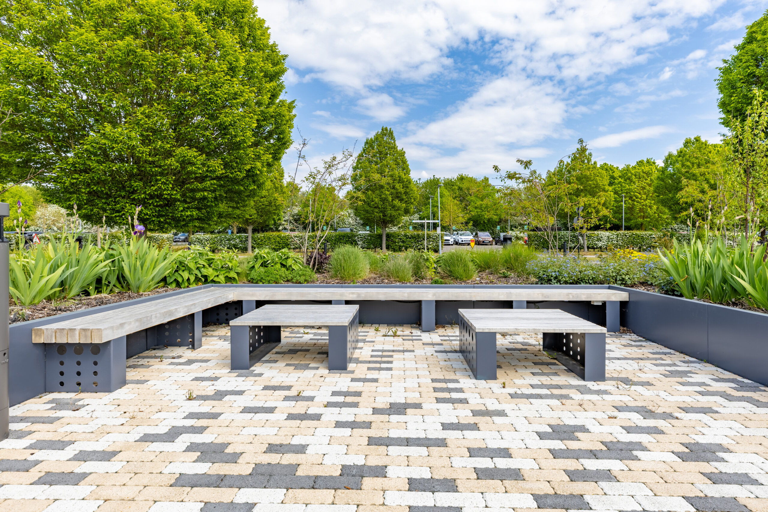 steel planters and integrated accoya seating